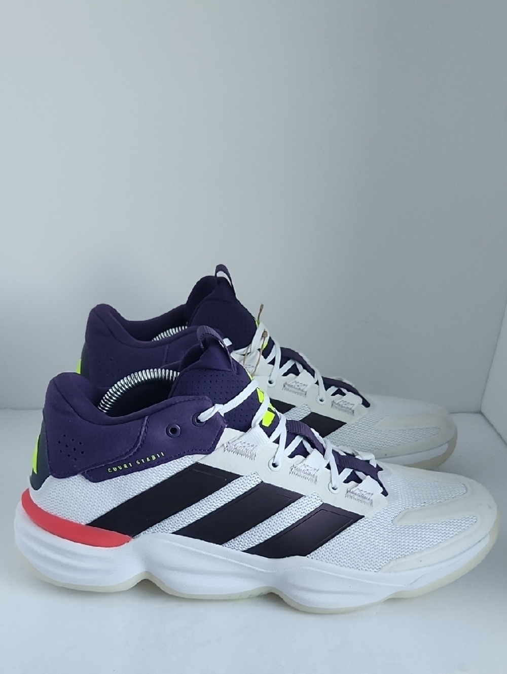 adidas White Sneakers with Purple, Black & Neon Yellow Accents